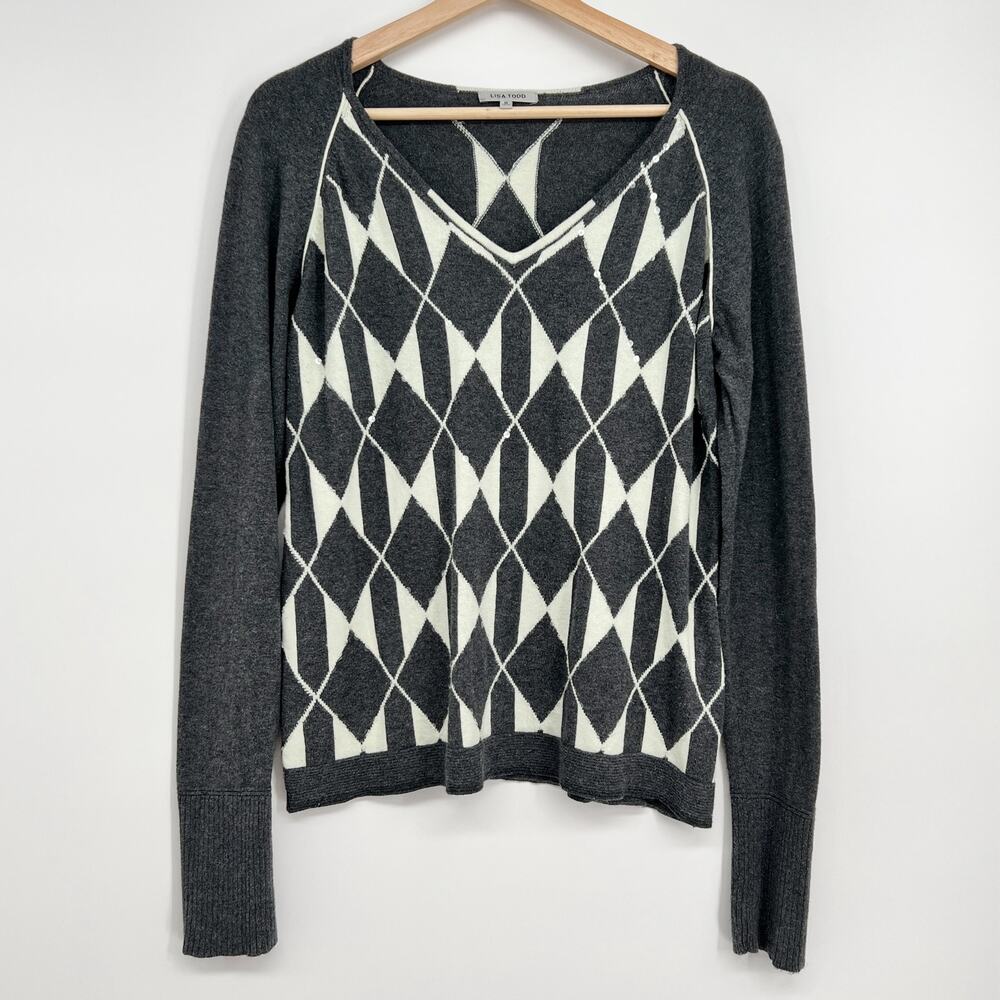 Lisa Todd Cotton Cashmere Blend Sweater Womens Medium Gray Cream Argyle Sequins